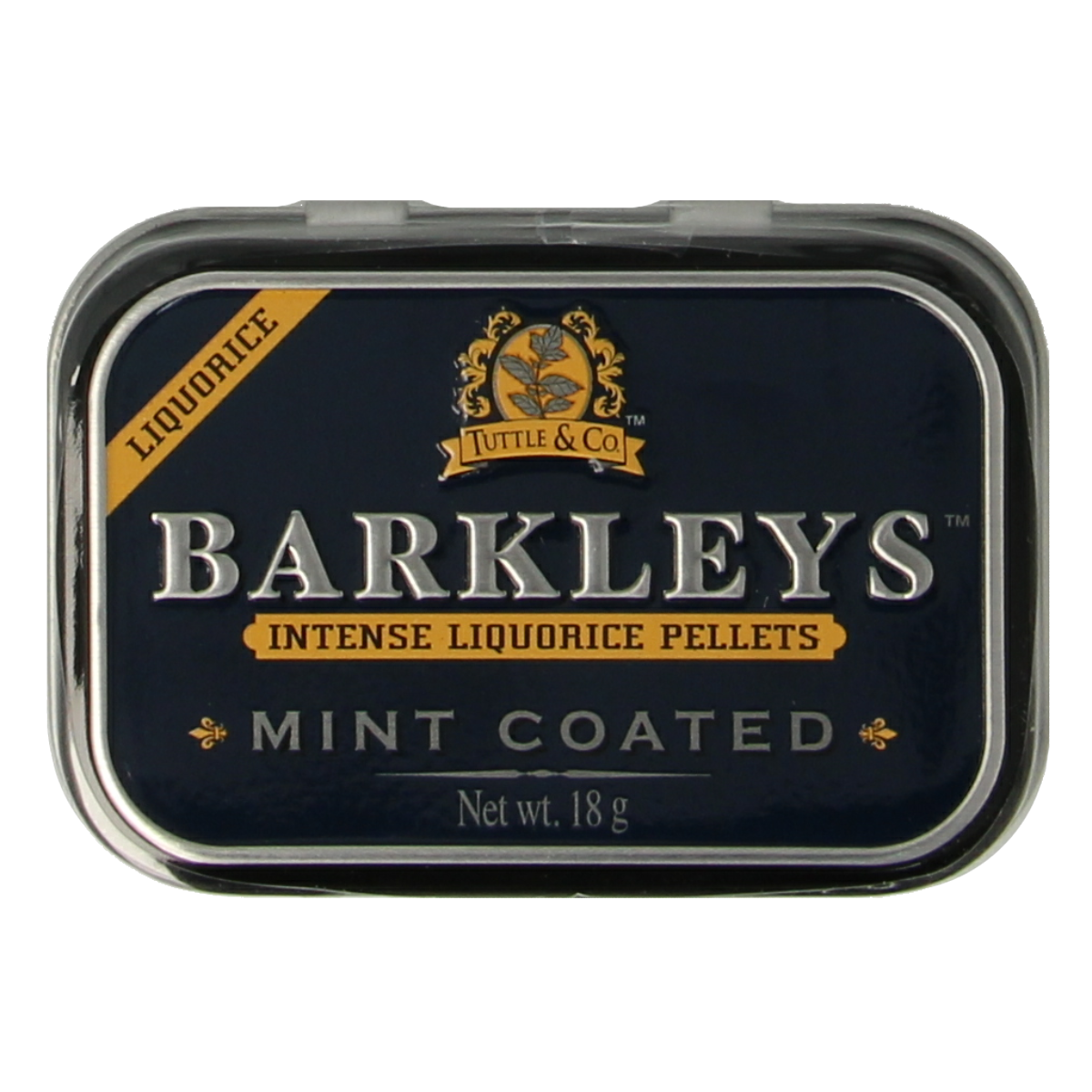 Barkleys Liquorice pellets with mint coating, 18g snoepgoed, shiny dark liquorice candies with mint-flavored coating.