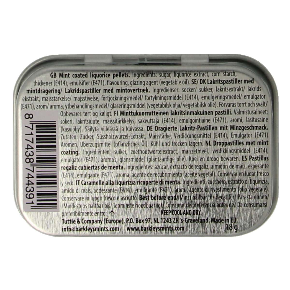 Barkleys Liquorice pellets with mint coating, 18g, chewy snoepgoed presented in a close-up image showing textured candies.
