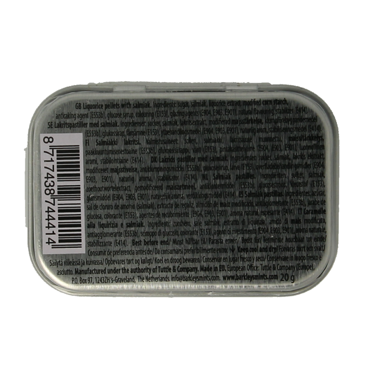 Barkleys Liquorice Pellets Salmiak, salty chewy salmiak candy in a 20g package, from Barkleys snoepgoed collection.