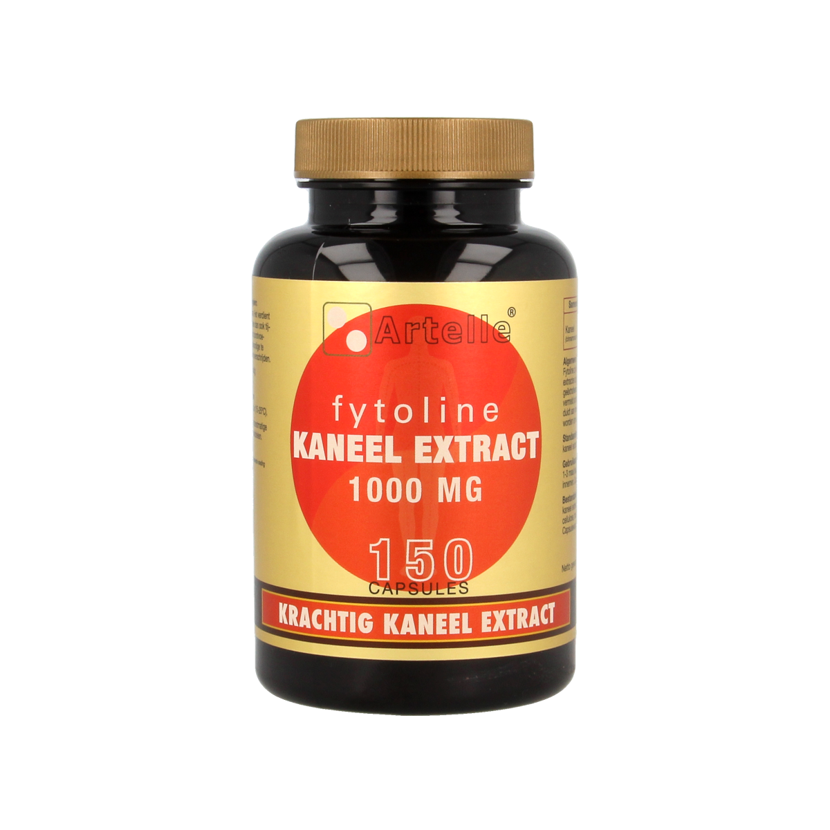 Artelle Fytoline Kaneelextract capsules, 1000mg herbal supplement in a clear bottle with capsules visible inside.