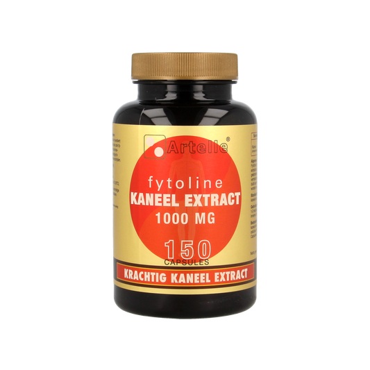 Artelle Fytoline Kaneelextract capsules, 1000mg herbal supplement in a clear bottle with capsules visible inside.