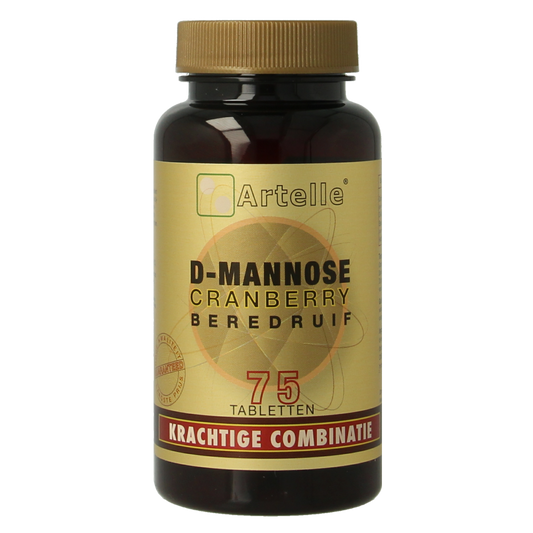 Artelle D-Mannose cranberry beredruif herbal supplement in a bottle of 75 tablets, natural herbal remedy for urinary health.
