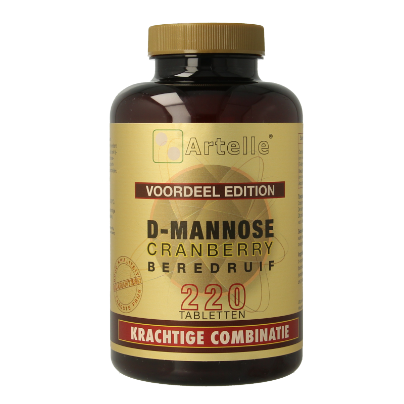 Artelle D-Mannose cranberry herbal supplement in a bottle of 220 tablets, promoting urinary health and natural wellness.