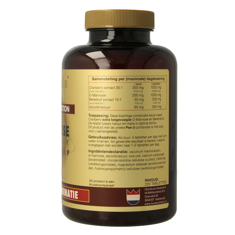 Artelle D-Mannose cranberry herbal supplement, 220 tablets, in a white container with label showing product details.