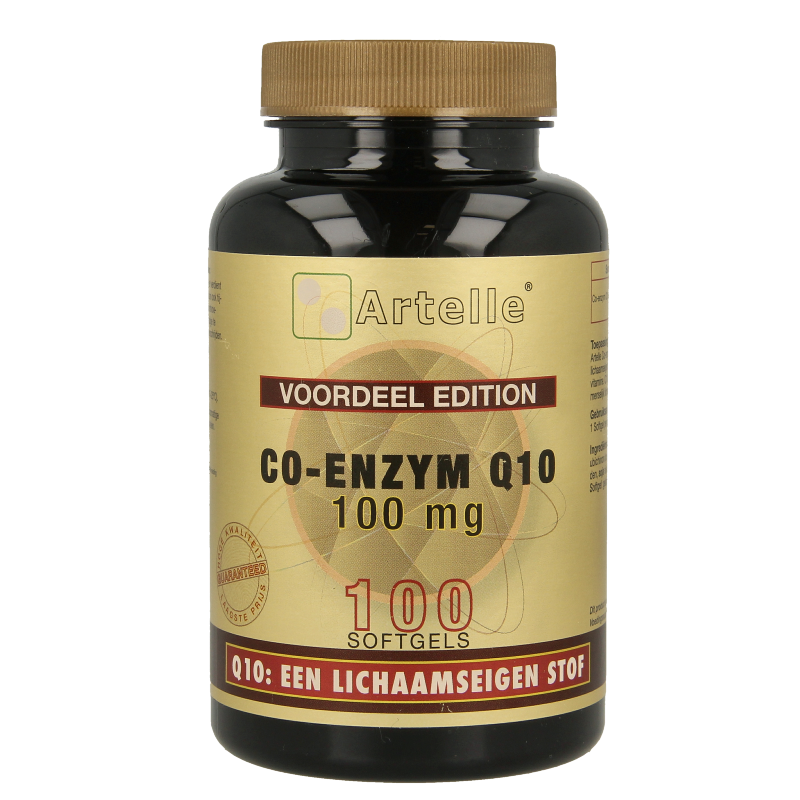Artelle Co-enzyme Q10 100mg softgels, dietary vitamin supplement, showing a bottle of softgel capsules on a white background.