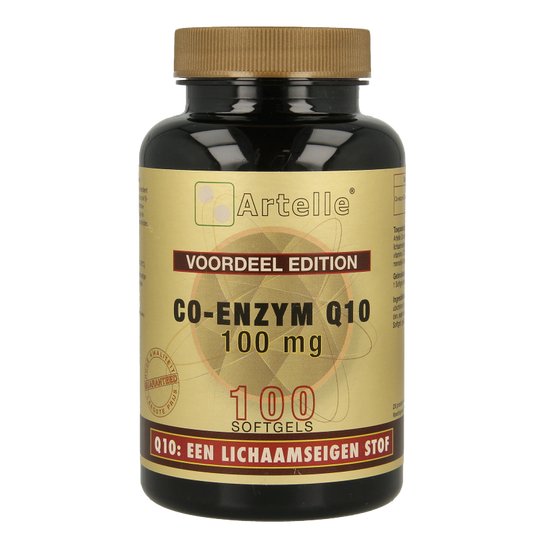 Artelle Co-enzyme Q10 100mg softgels, dietary vitamin supplement, showing a bottle of softgel capsules on a white background.
