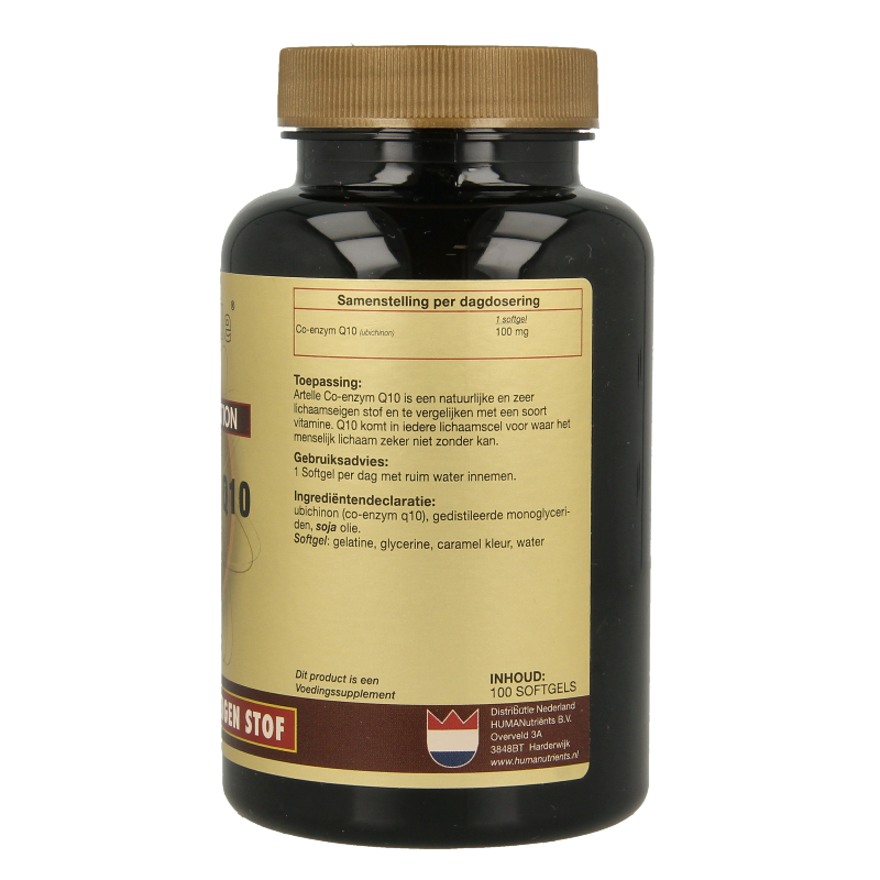 Artelle Co-enzyme Q10 100mg softgels bottle, dietary supplement with 100 softgel capsules for energy support and antioxidant benefits.
