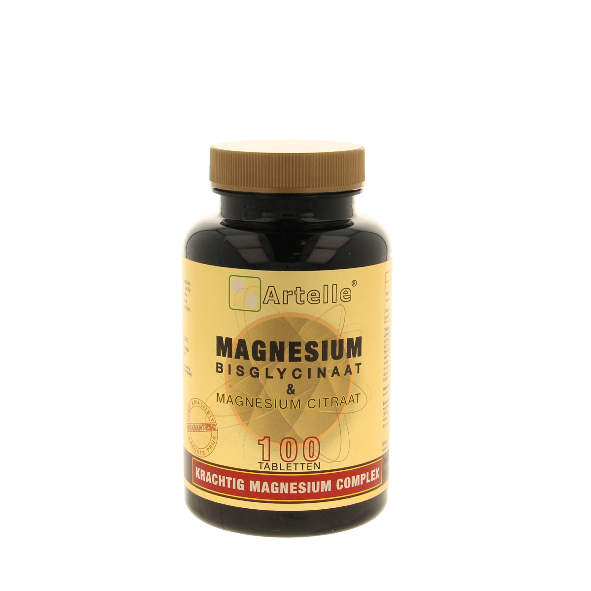 Artelle magnesium bisglycinaat and citrate supplement bottle with 100 tablets, showing the product label and packaging.