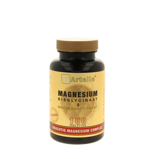 Artelle magnesium bisglycinaat and citrate supplement bottle with 100 tablets, showing the product label and packaging.