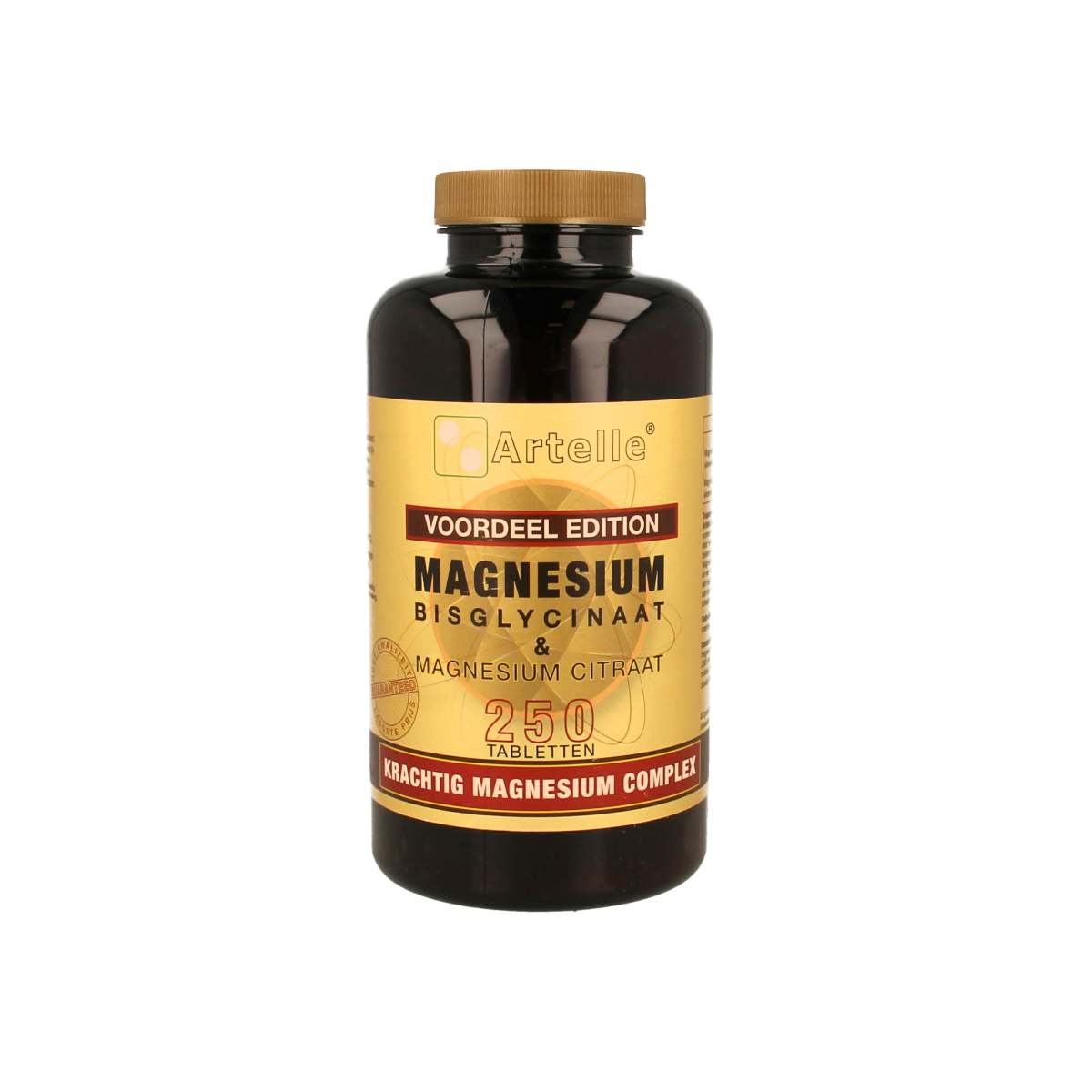 Artelle Magnesium bisglycinaat en citraat supplement in een doos met 250 tabletten, close-up van de productverpakking.