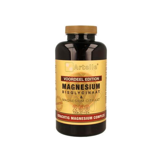 Artelle Magnesium bisglycinaat en citraat supplement in een doos met 250 tabletten, close-up van de productverpakking.