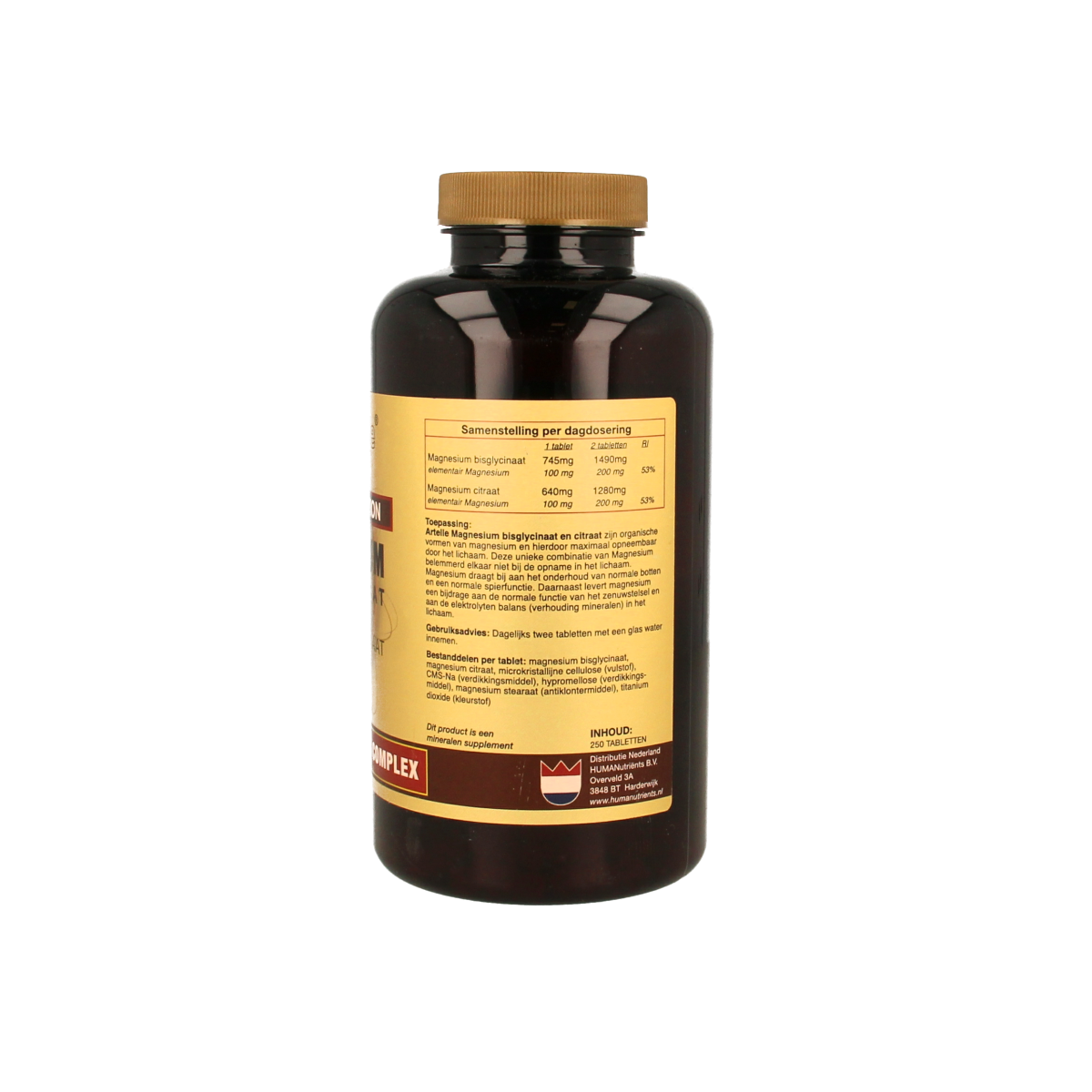 Artelle Magnesium bisglycinaat and citraat supplement in a bottle with 250 tablets, showing the product label and tablets inside