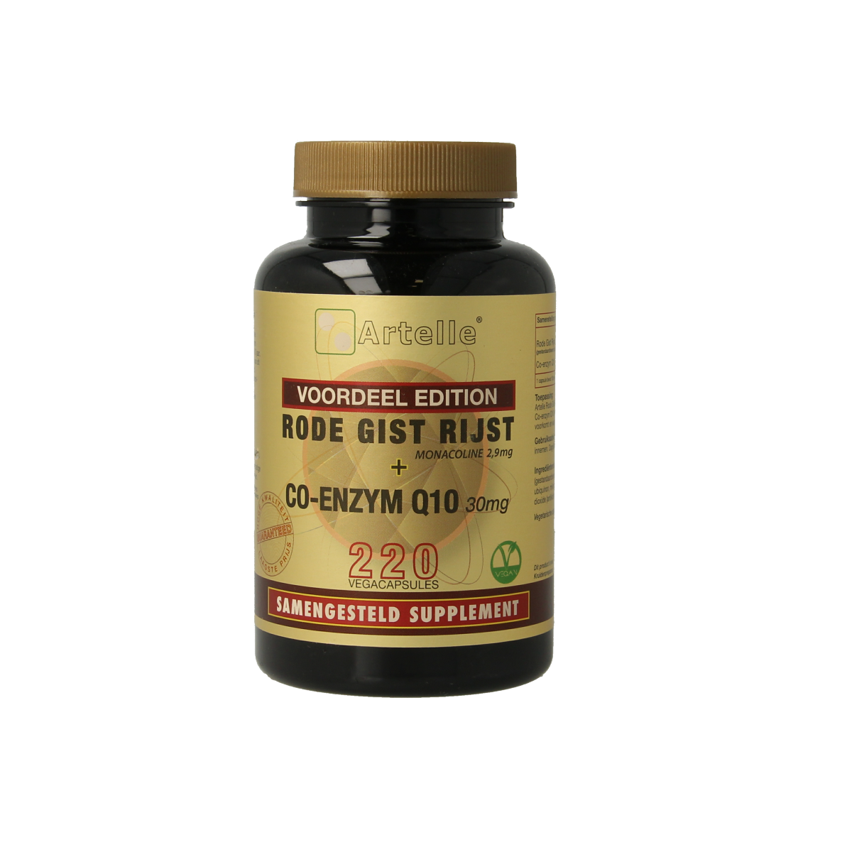 Artelle Rode gist rijst capsules with Q10 and 30mg vegetative herbal supplement in vegetarian capsules, shown in the image.