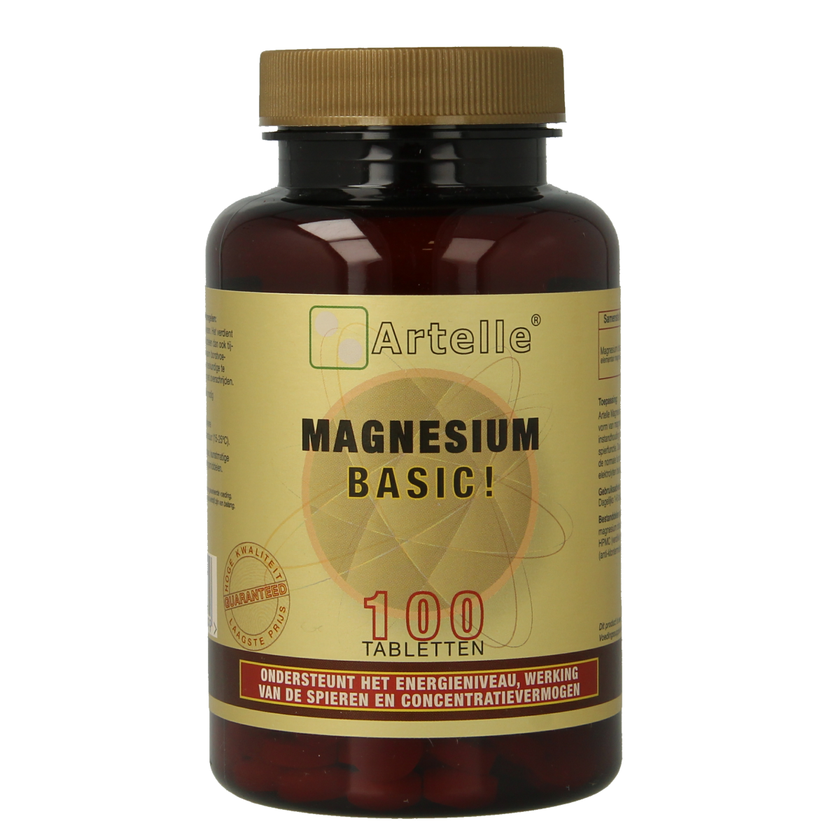 Artelle Magnesium Basic 100 tablets bottle, dietary mineral supplement, white bottle with label, on a neutral background.