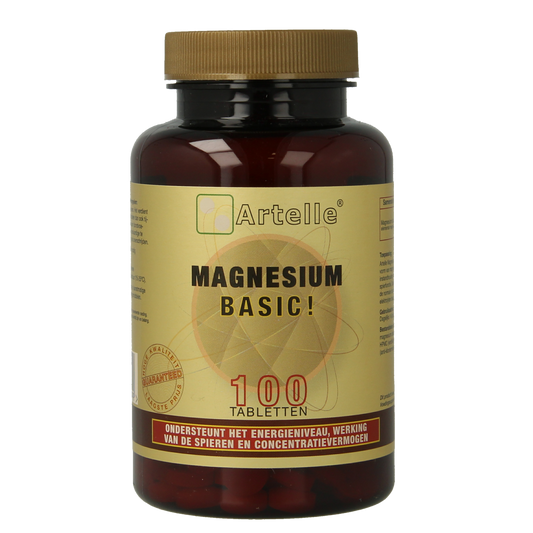 Artelle Magnesium Basic 100 tablets bottle, dietary mineral supplement, white bottle with label, on a neutral background.