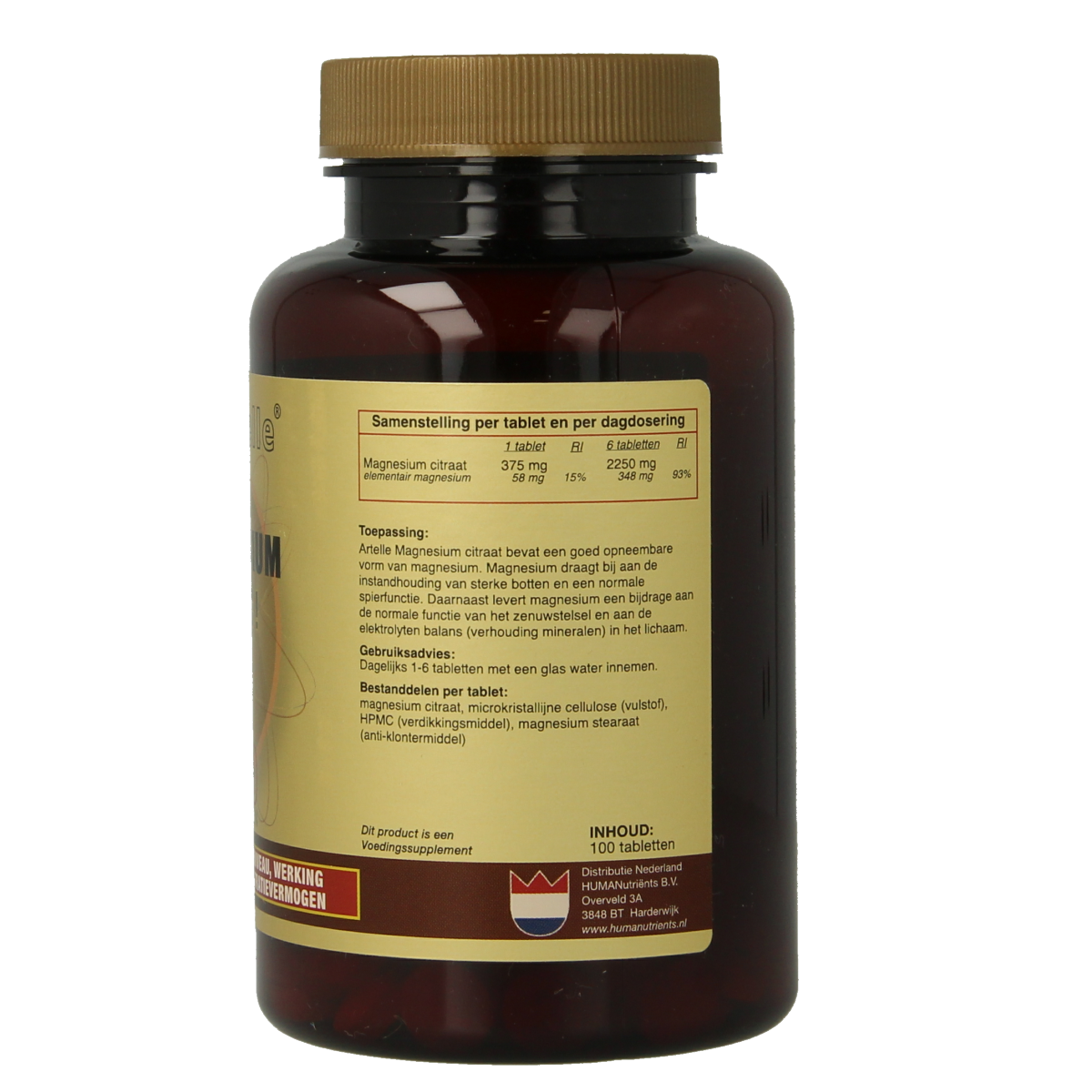 Artelle Magnesium Basic 100 tablets bottle showing the supplement packaging with tablets and label details.