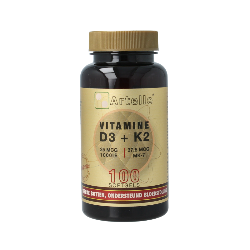 Artelle Vitamin D3 25mcg and K2 37.5mcg softgels in a bottle, supplement for bone and immune health