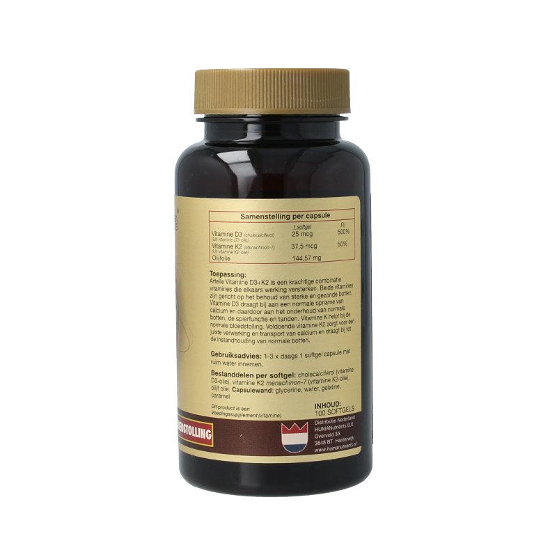 Artelle Vitamin D3 25mcg and K2 37.5mcg softgels in blister pack, dietary supplement with multivitamin benefits.