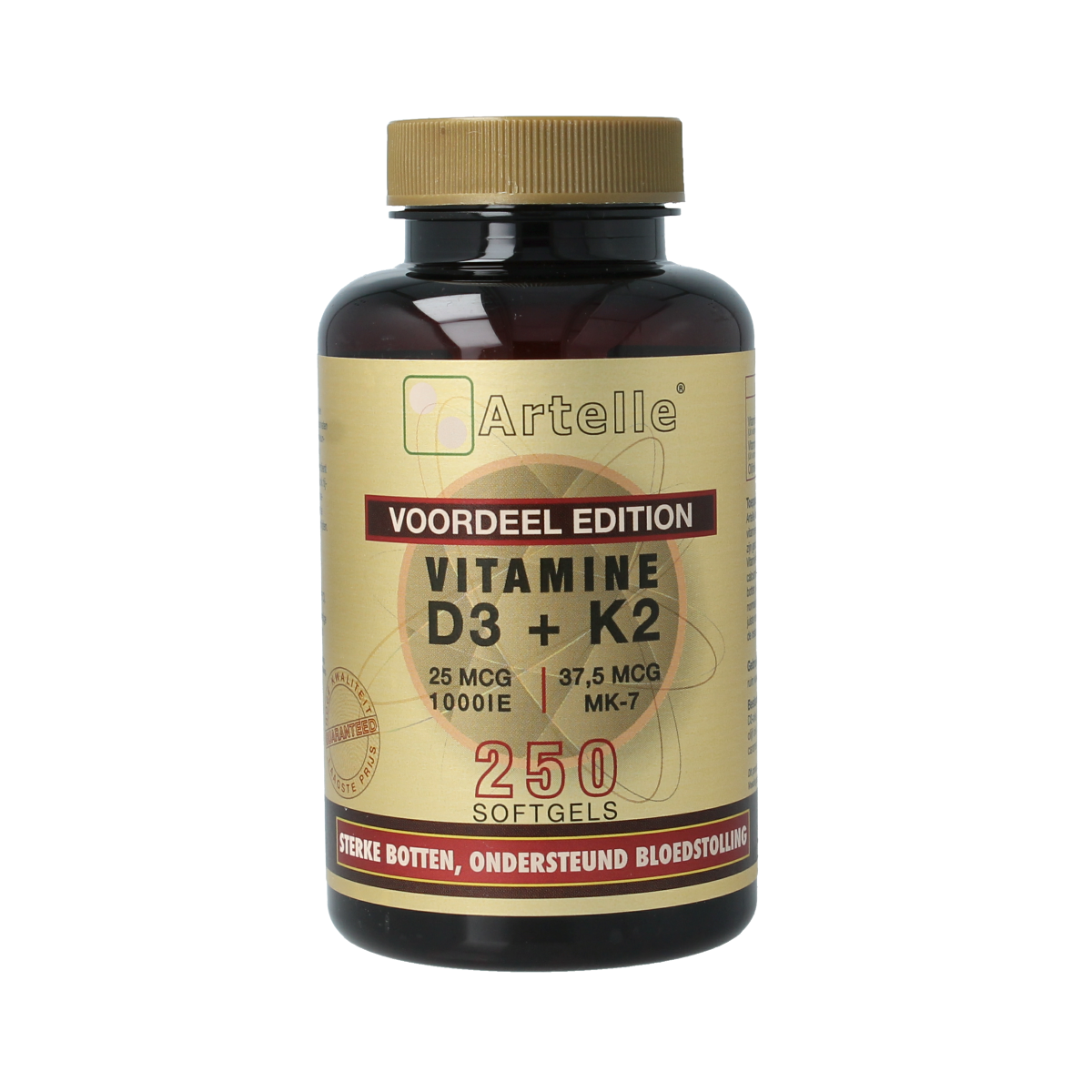 Artelle Vitamin D3 25mcg and K2 37.5mcg softgels, dietary supplement with multivitamin blend, shown in a bottle.