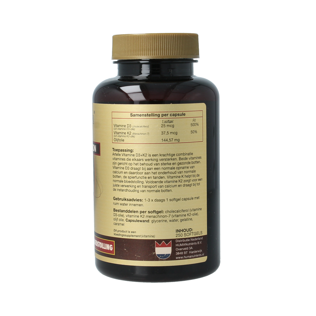 Artelle Vitamin D3 25mcg and K2 37.5mcg softgels in a clear bottle, showing the supplement capsules.
