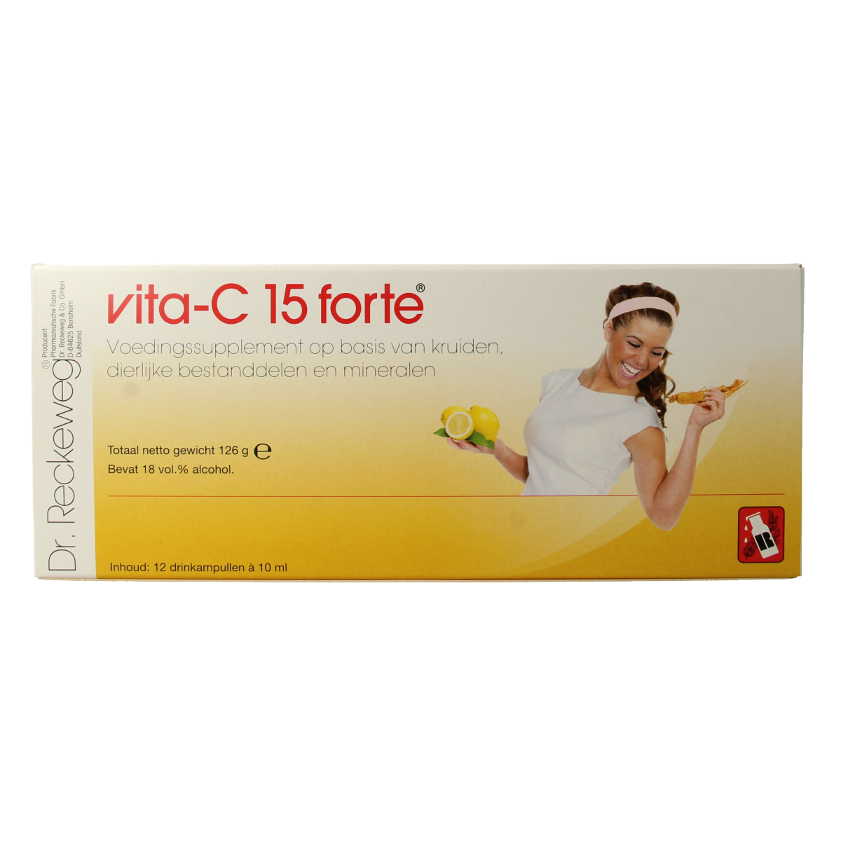 Reckeweg Vita-C 15 forte herbal ampoules, natural supplement in glass vial, showcasing the herbal supplement packaging.