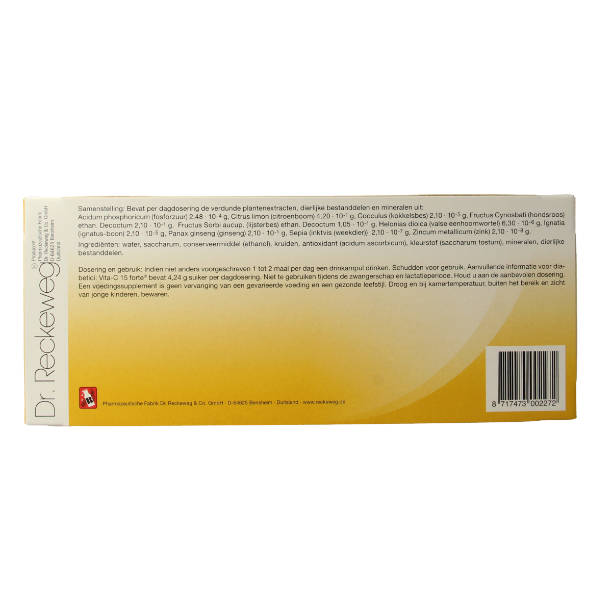 Reckeweg Vita-C 15 Forte herbal supplement ampoules, 12-pack, in glass vials with label, natural herbal remedy by Reckeweg.