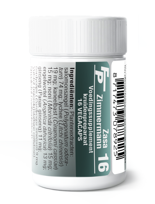 Medizimm Zasa 16 vegetarian herbal capsules in a clear container, showing the capsule contents and label.