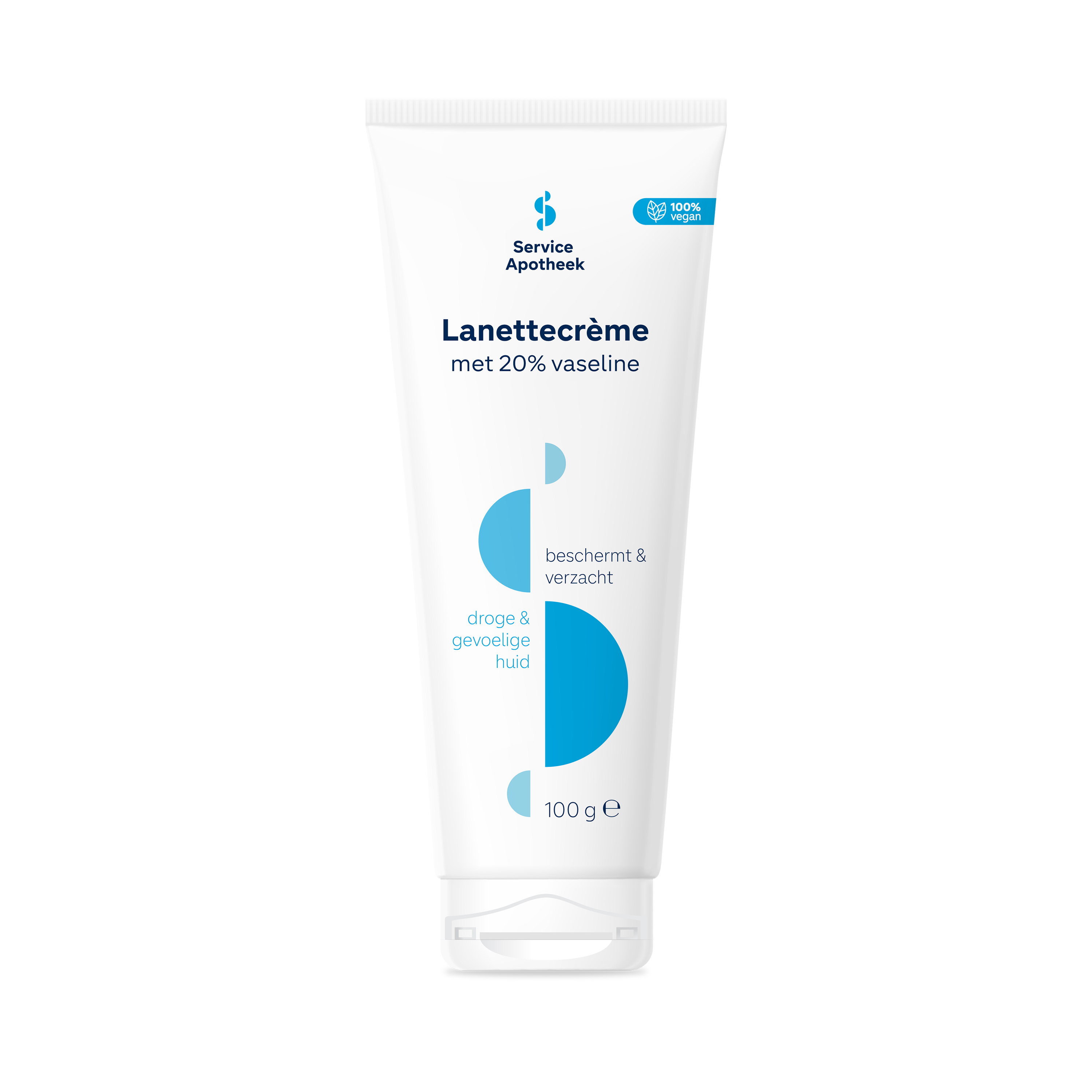 Service Apotheek Lanettecreme 20% vaseline tube, 100g, for body care, showing a white tube with blue and yellow details.