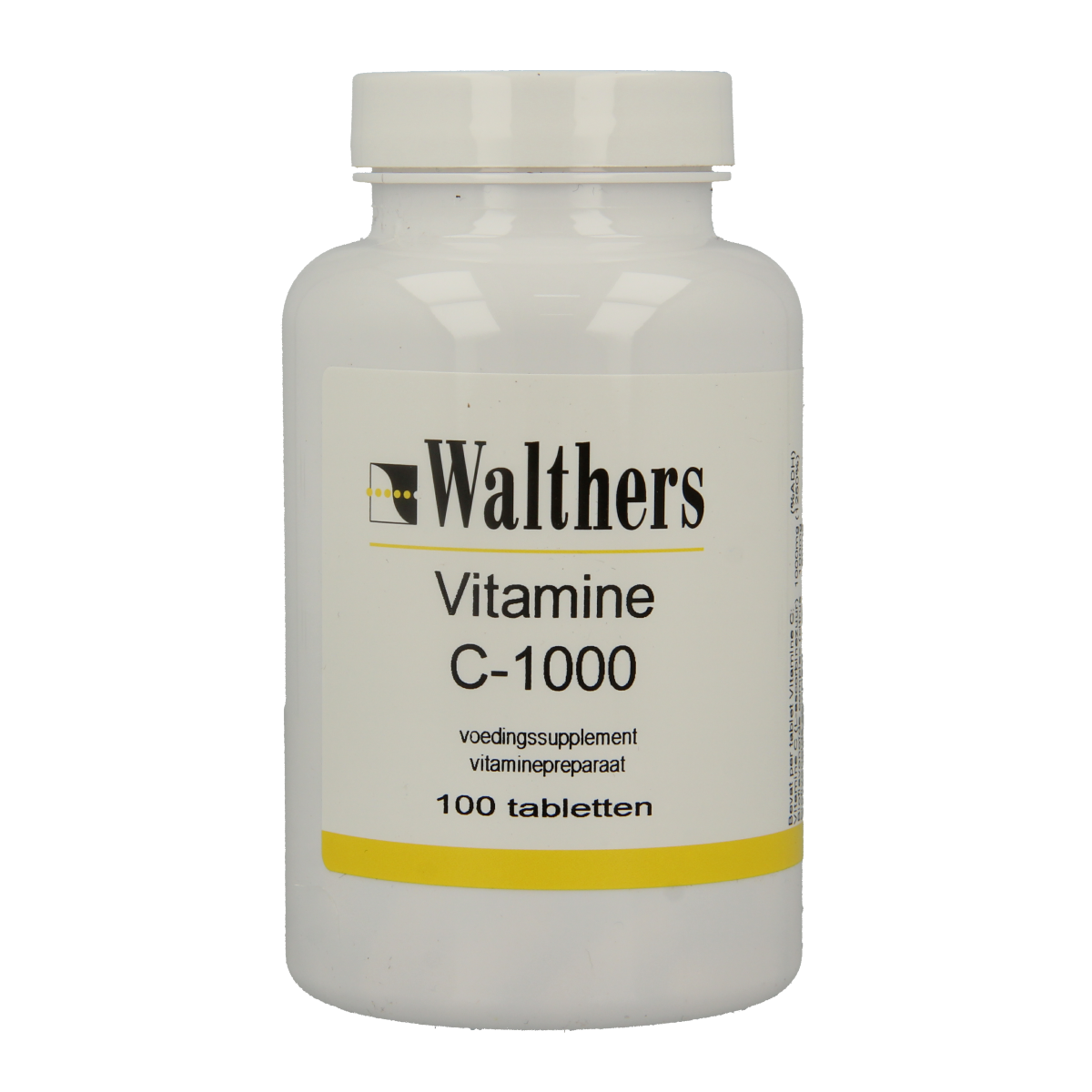 Walthers Vitamin C 1000 mg bioflavonoids tablets in a bottle, showing the supplement packaging and tablets inside.