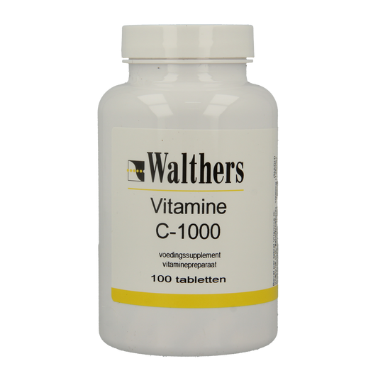 Walthers Vitamin C 1000 mg bioflavonoids tablets in a bottle, showing the supplement packaging and tablets inside.