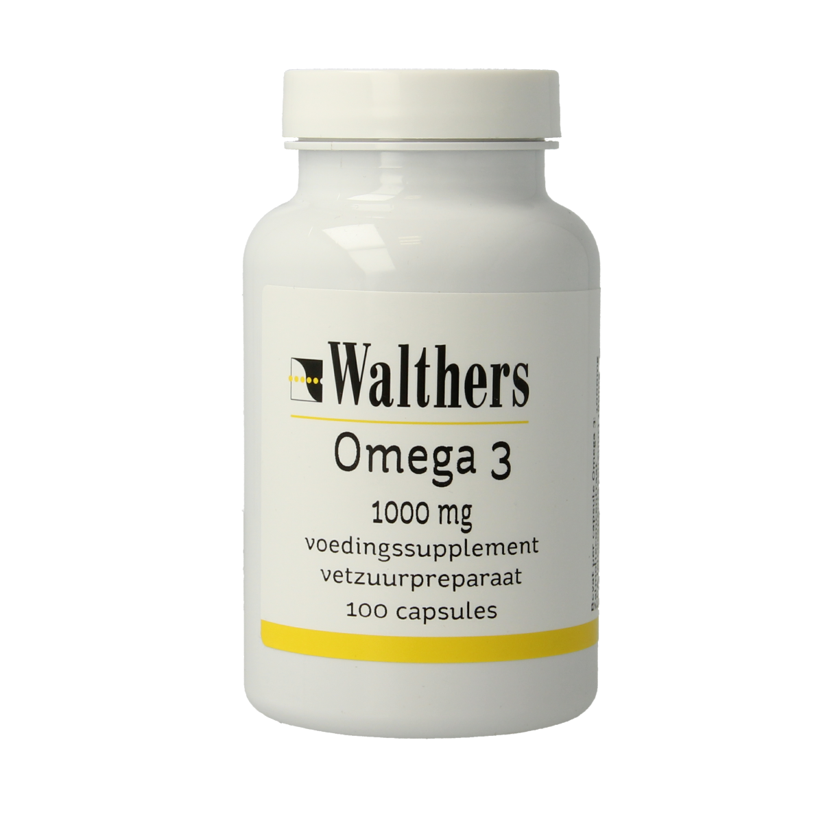 Walthers Omega 3 1000 mg softgels in a bottle, dietary supplement with Vetzuren omega-3 fatty acids, 100 softgels.