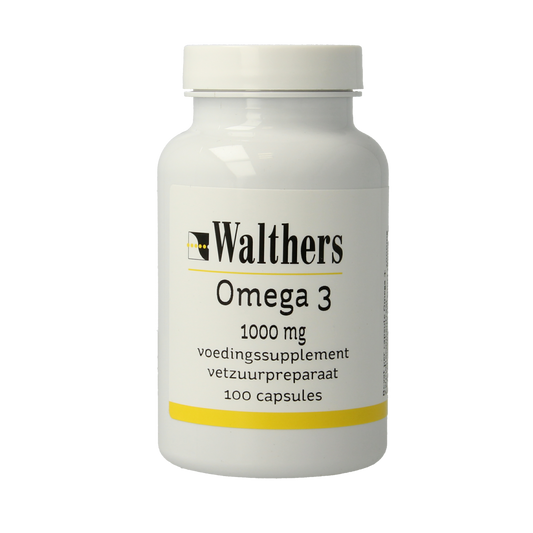 Walthers Omega 3 1000 mg softgels in a bottle, dietary supplement with Vetzuren omega-3 fatty acids, 100 softgels.