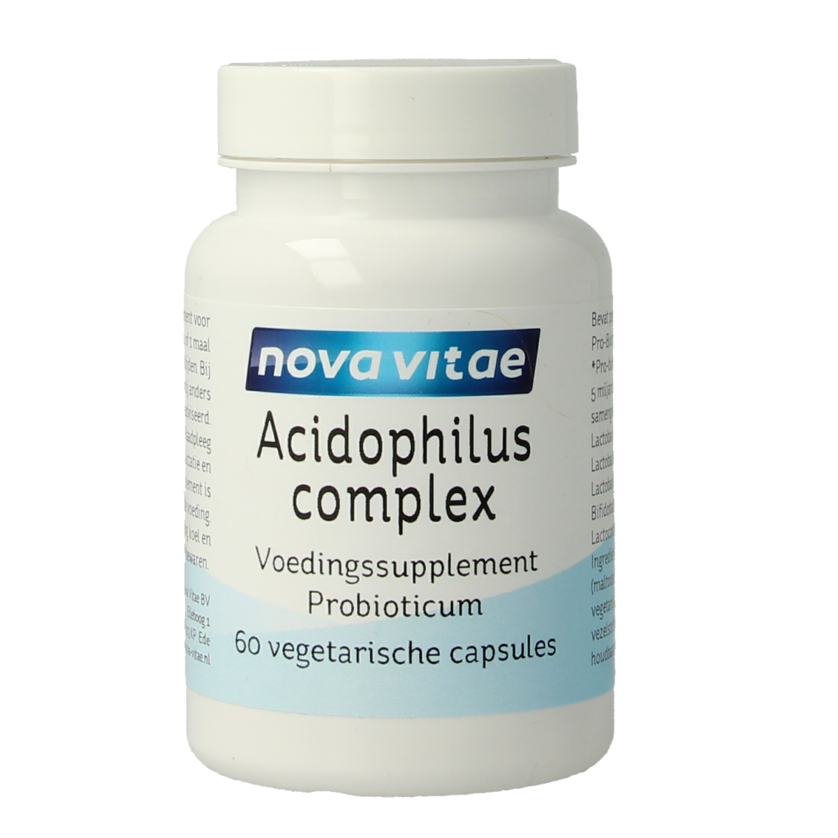 Nova Vitae Acidophilus complex vegetarian capsules containing micro-organisms, shown in a clear container with capsules inside.