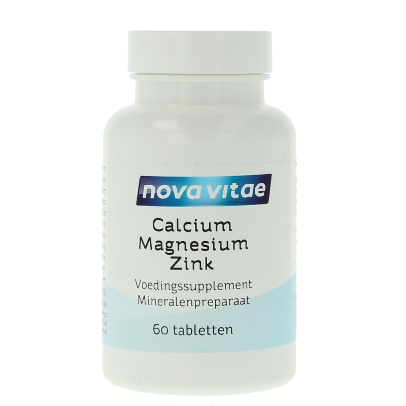 Nova Vitae mineral supplement with calcium, magnesium, and zinc in a bottle of 60 tablets, showing the tablets and label.