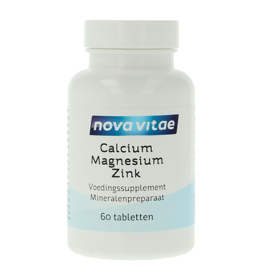 Nova Vitae mineral supplement with calcium, magnesium, and zinc in a bottle of 60 tablets, showing the tablets and label.