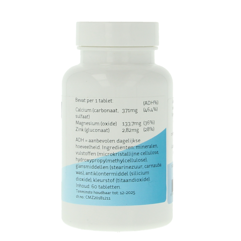 Nova Vitae Calcium, Magnesium, Zinc mineral supplement in a bottle of 60 tablets, showing the supplement packaging and tablets.