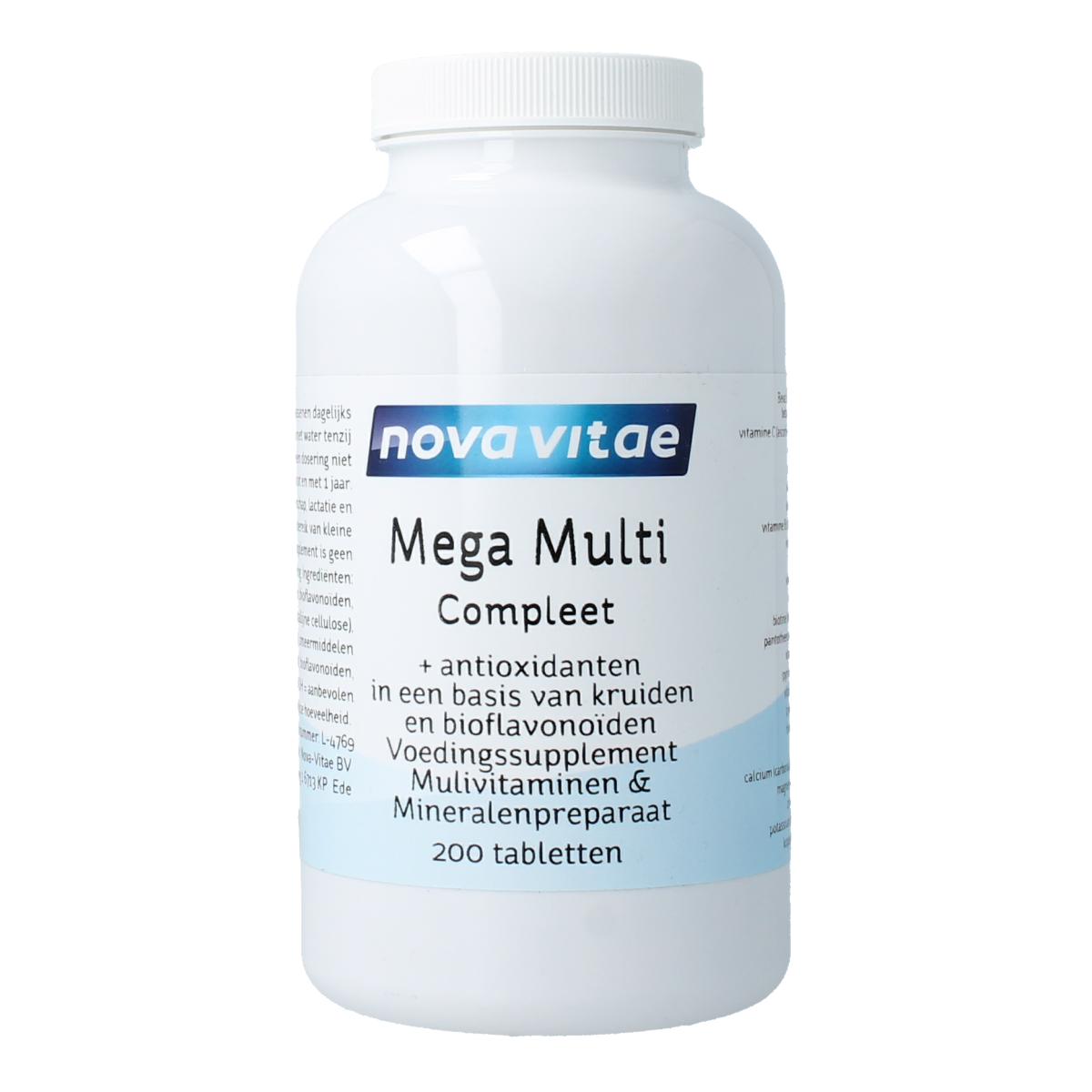 Nova Vitae Mega Multi Compleet vitamin supplement box with 200 tablets, showing colorful packaging and product label.