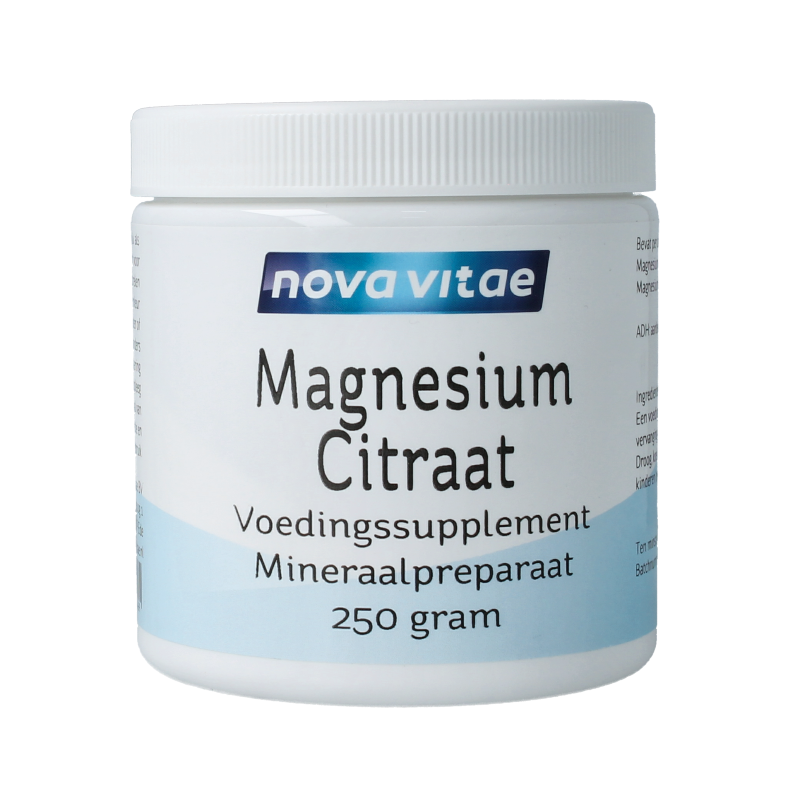 Nova Vitae Magnesium Citraat poeder in 250g verpakking, mineralen supplement with orange-flavored powder appearance.