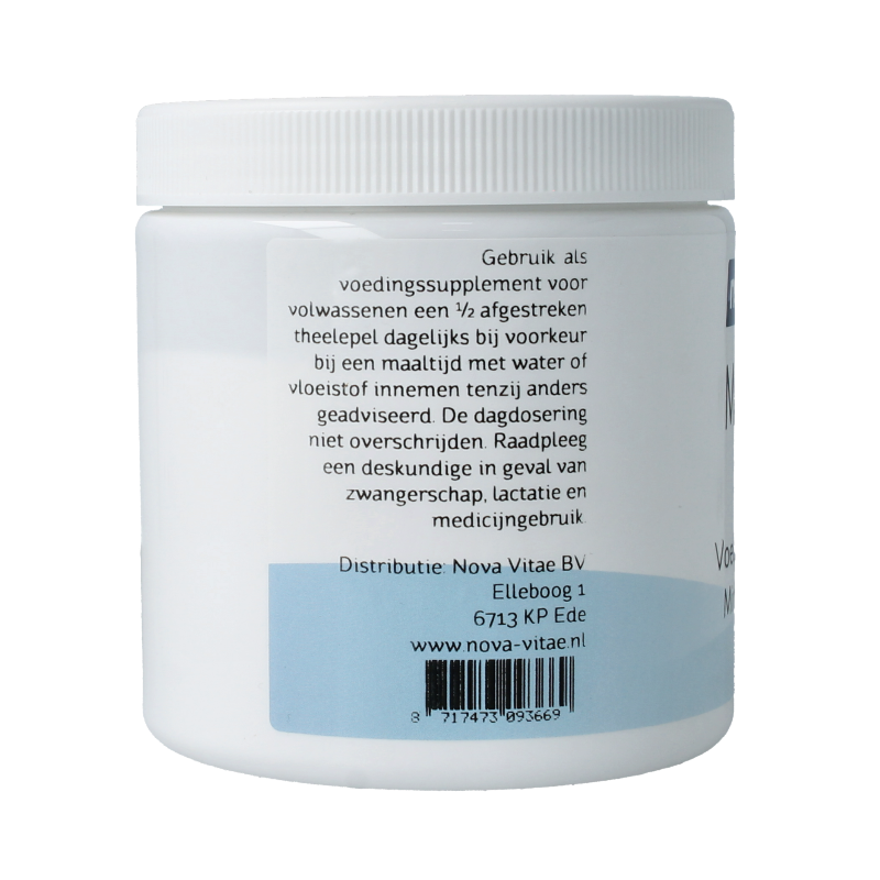 Nova Vitae Magnesium Citraat poeder in 250g verpakking, mineralen supplement with natural magnesium citrate powder.
