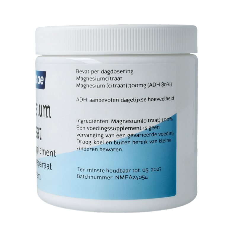 Nova Vitae Magnesium Citraat powder in a 250g container, mineral supplement with bright orange and white packaging.