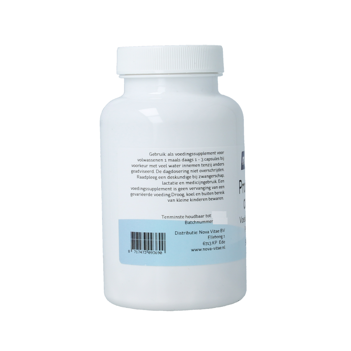 Nova Vitae Probioticum complex vegetarian capsules containing micro-organisms, shown in a clear container.