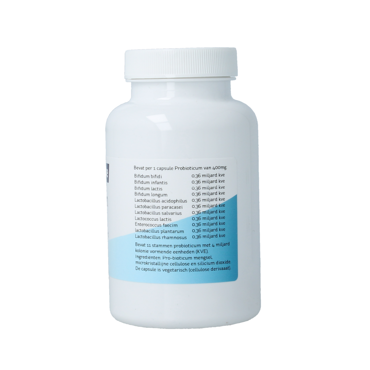 Nova Vitae Probioticum complex vegetarian capsules containing micro-organisms, shown in a clear bottle with capsules inside.