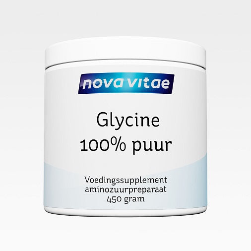 Pure Nova Vitae Glycine amino acid supplement in a 450g container, showcasing the product label and packaging.