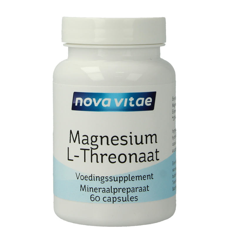 Nova Vitae Magnesium L-threonate 60 capsules, dietary mineral supplement with soft gel capsules for cognitive support.