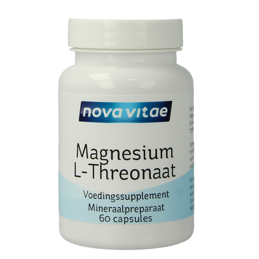 Nova Vitae Magnesium L-threonate 60 capsules, dietary mineral supplement with soft gel capsules for cognitive support.