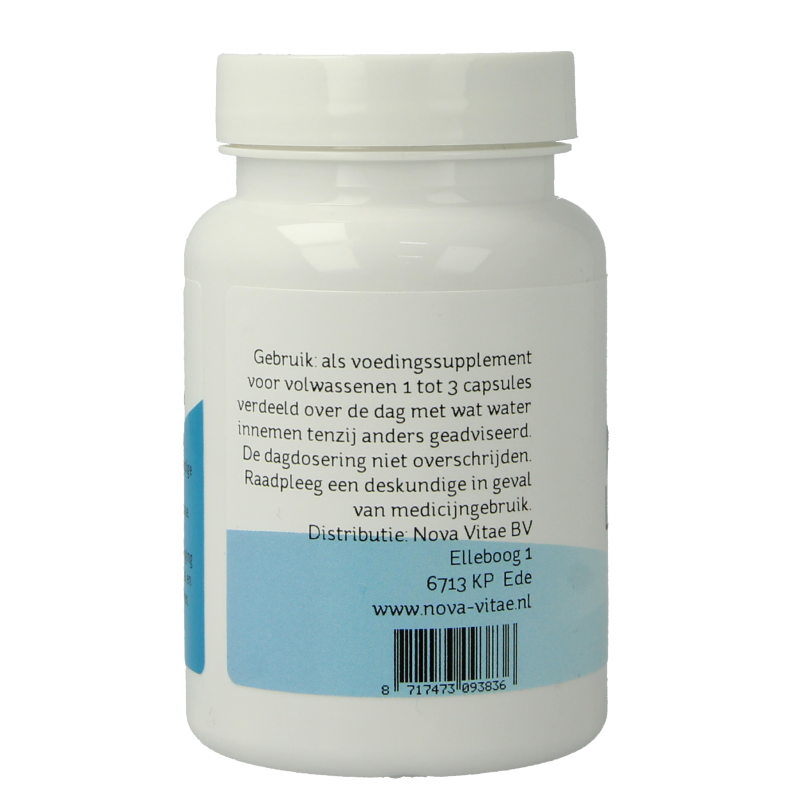 Nova Vitae Magnesium L-threonaat capsules, mineral supplement in a white bottle with 60 capsules on a plain background.