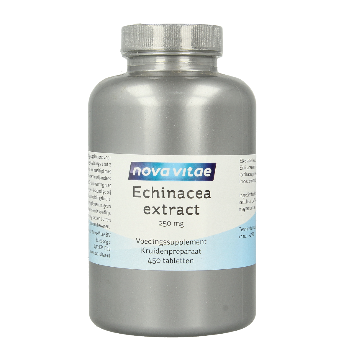 Nova Vitae Echinacea 250 mg herbal tablets in a bottle, natural immune support supplement, 450 count.