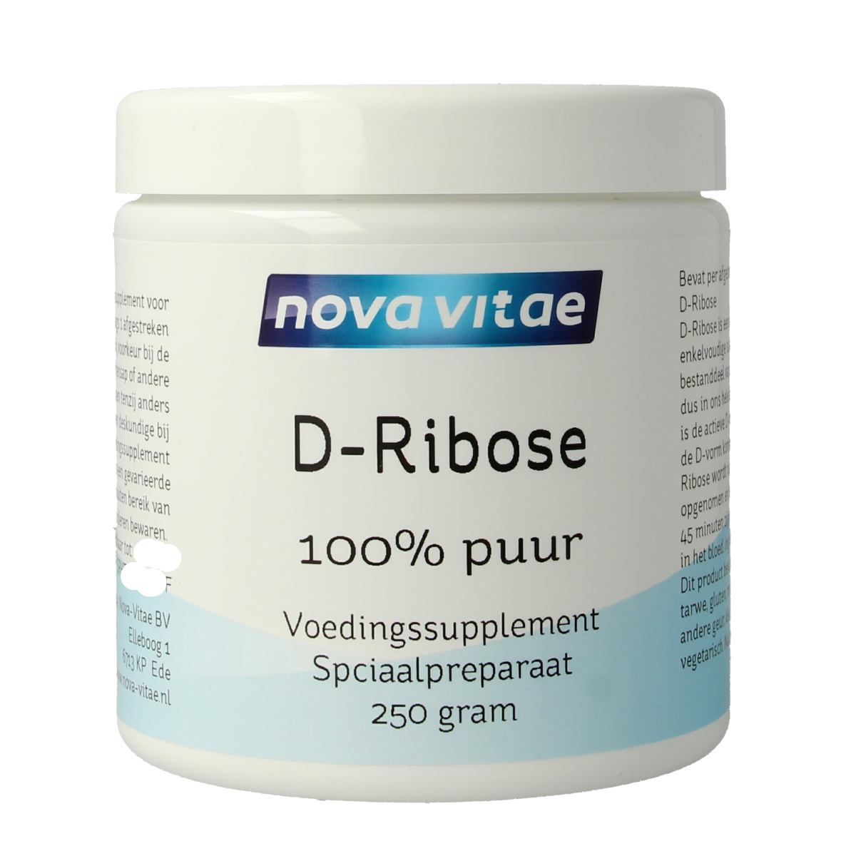 Bottle of Nova Vitae D Ribose 100% puur herbal supplement, 250g jar with label showing product details.