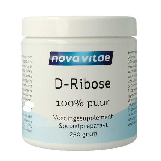 Bottle of Nova Vitae D Ribose 100% puur herbal supplement, 250g jar with label showing product details.