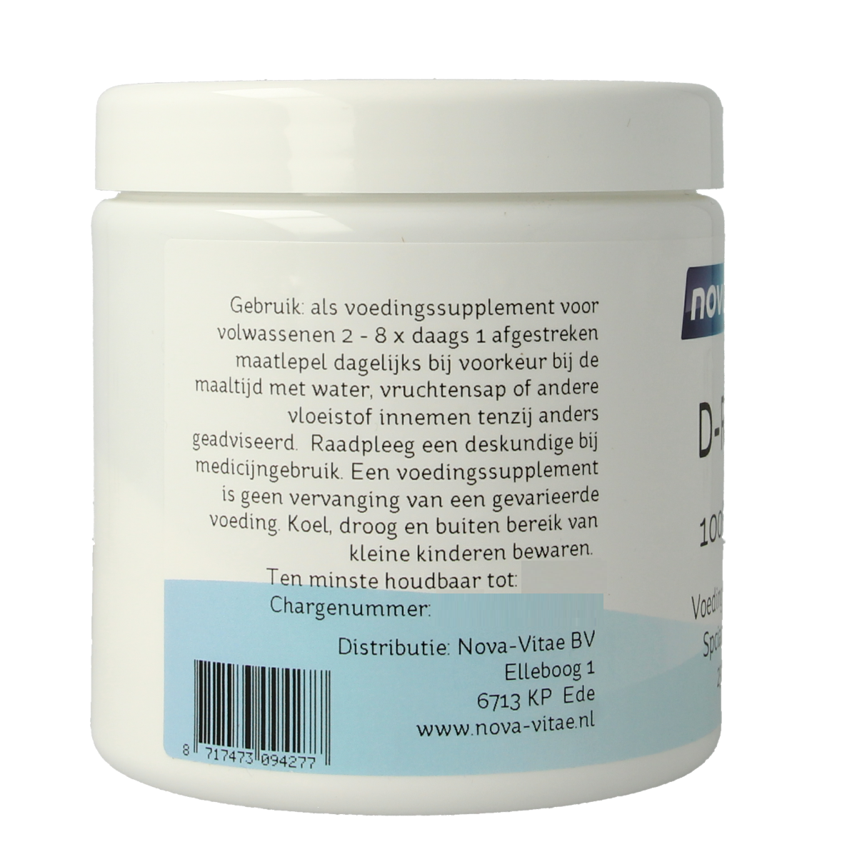 Container of Nova Vitae D Ribose dietary supplement in 250g package, featuring the product label and brand name.